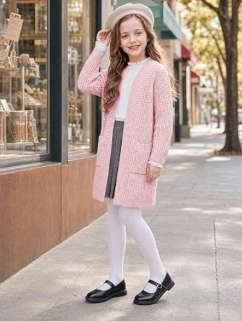 Girls Cardigan Sweater Kids Open Front Sweaters Outerwear Pink